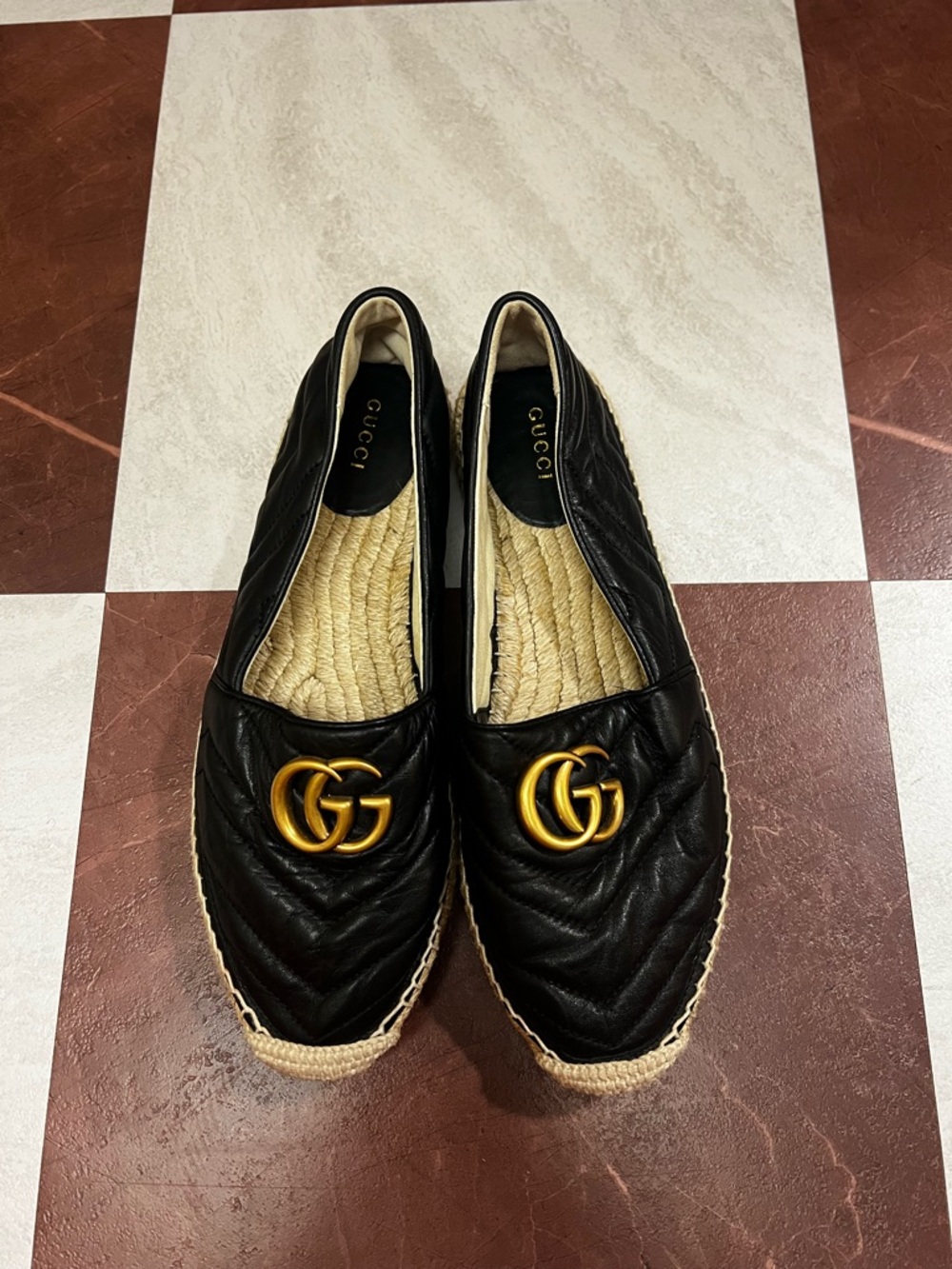 Gucci Black Leather Espadrille Flats with Gold GG Logo